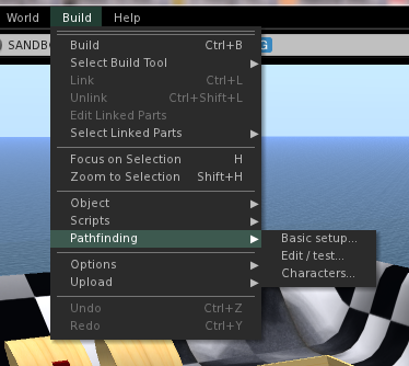 Second Life Build Menu with new Pathfinding menu items