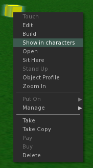 Second Life Context Menu with Show in Characters floater menu option