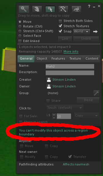 Build floater indicating that the user cannot modify object across a region boundary