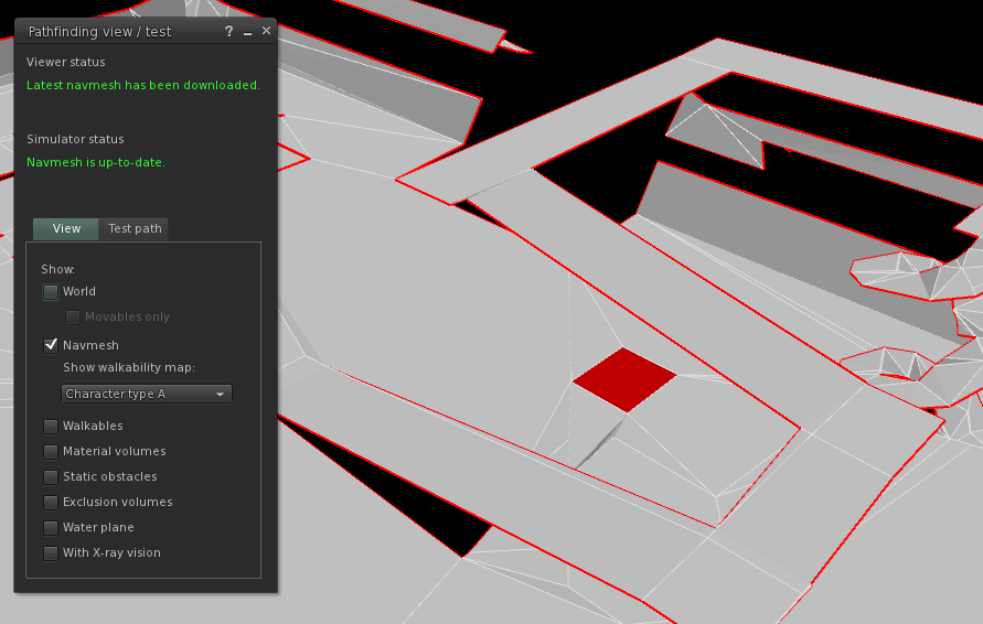 Pathfinding View/Test floater with the navmesh displayed