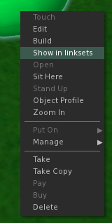 Second Life Context Menu with Show in Linksets floater menu option