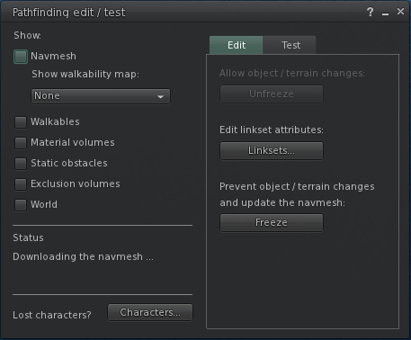 Pathfinding Edit/Test floater with the Edit Tab displayed