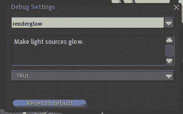 The Debug Settings Panel, with renderglow parameter highlighted