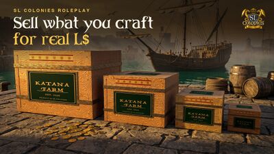 SL Colonies Roleplay crates of player-made goods on a quay